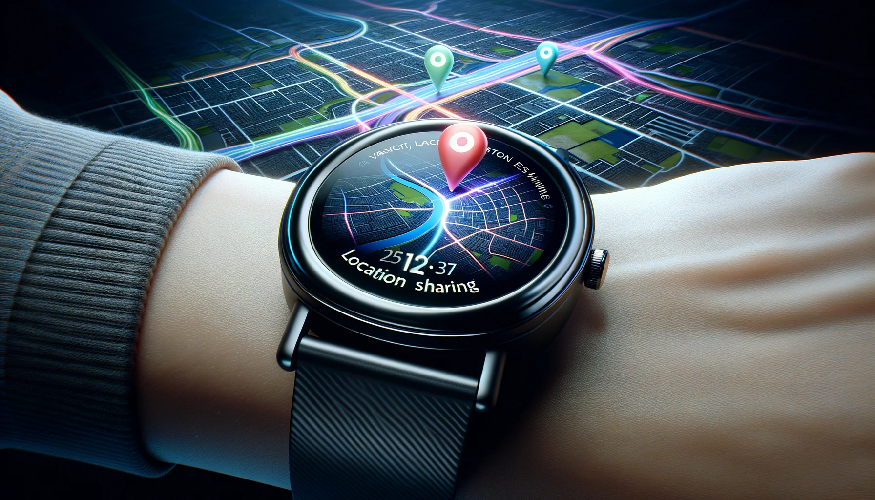 a modern smartwatch with sleek design and the vibrant map display feature, emphasizing the innovative integration of location sharing.